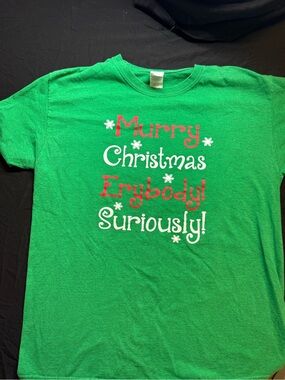 Gildan Green (L) Christmas Tee with Red & White Holiday Text